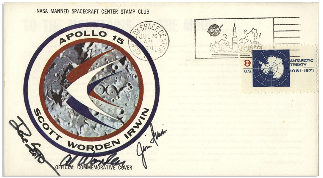 Apollo 15 Crew Signed NASA Insurance Cover -- From Al Worden's ''Personal Collection'', as Written by Him, and Also With His Signed COA